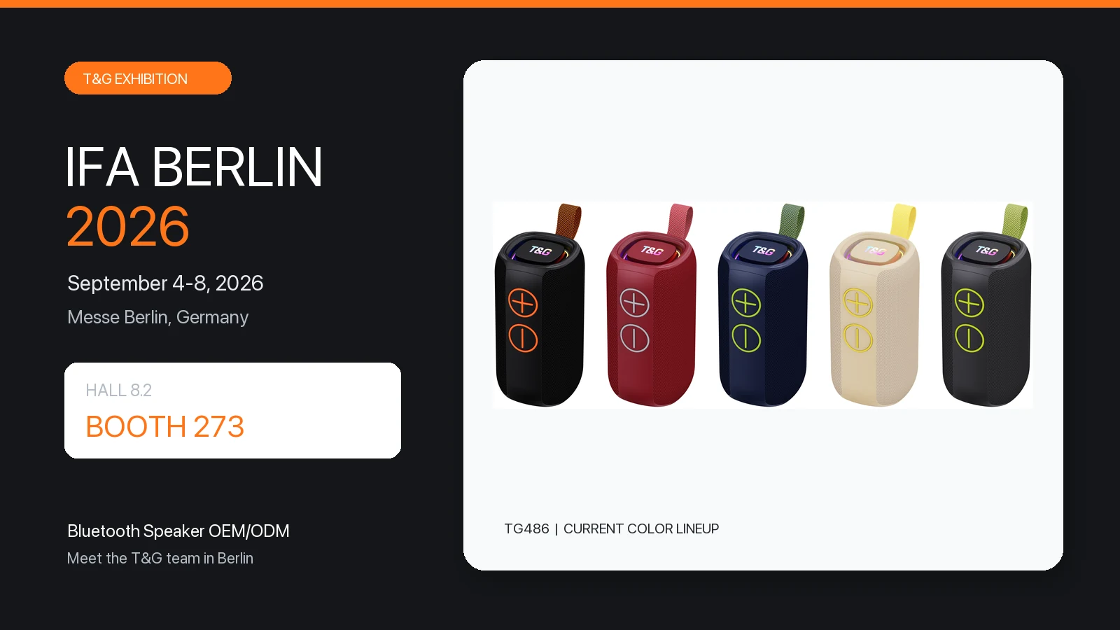 T&G IFA Berlin 2026 invitation showing TG486 Bluetooth speakers and Hall 8.2 Booth 273