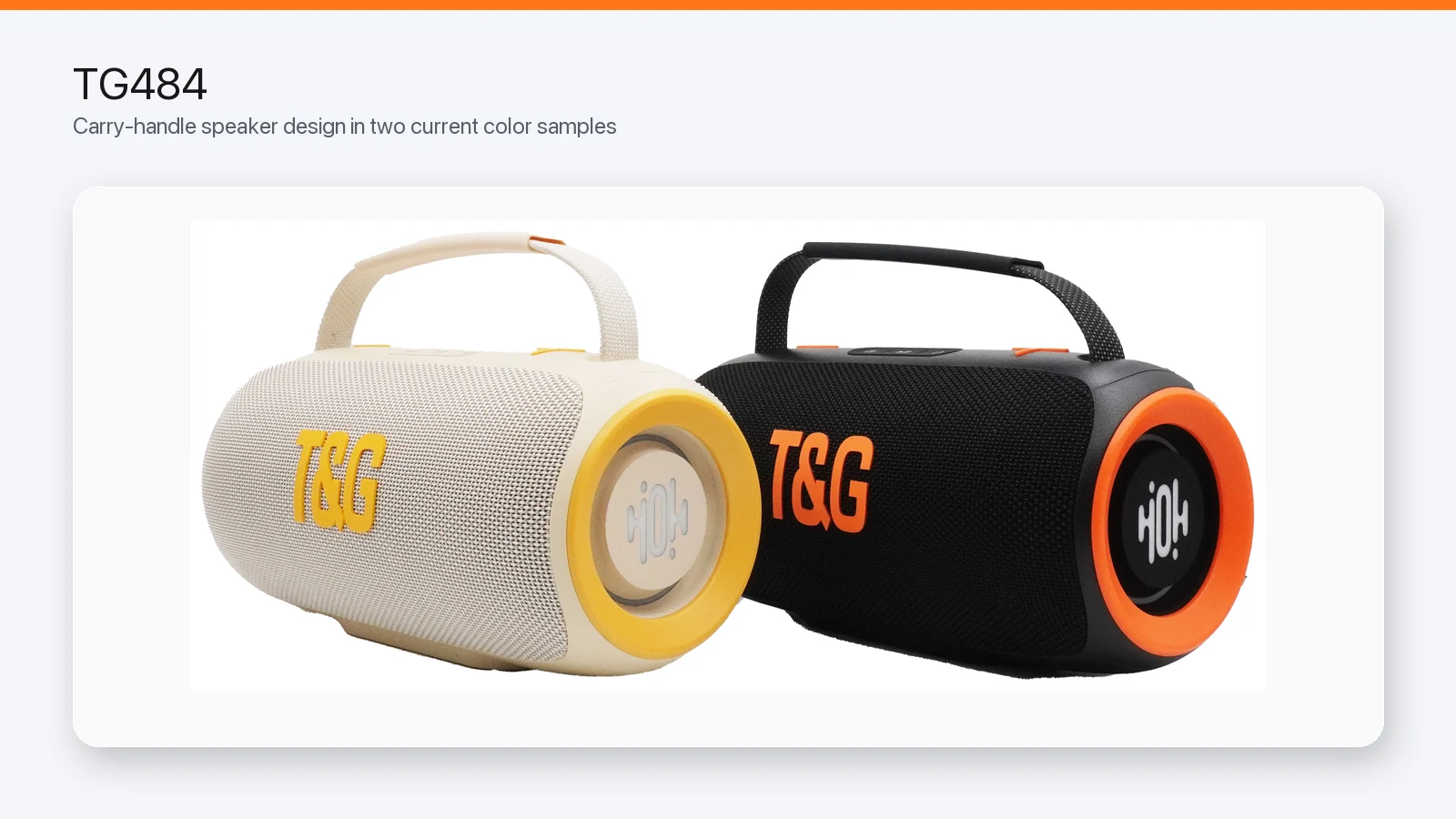 TG484 carry-handle Bluetooth speaker in black-orange and light-yellow color samples